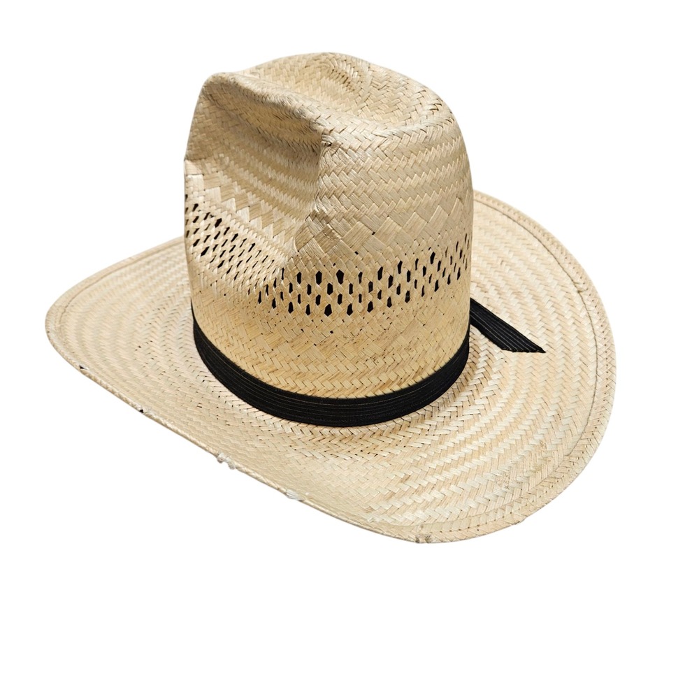 American Hat Co‎ Vtg Straw Poli Rope Cowboy Hat Vented Western Black Band 6 7/8